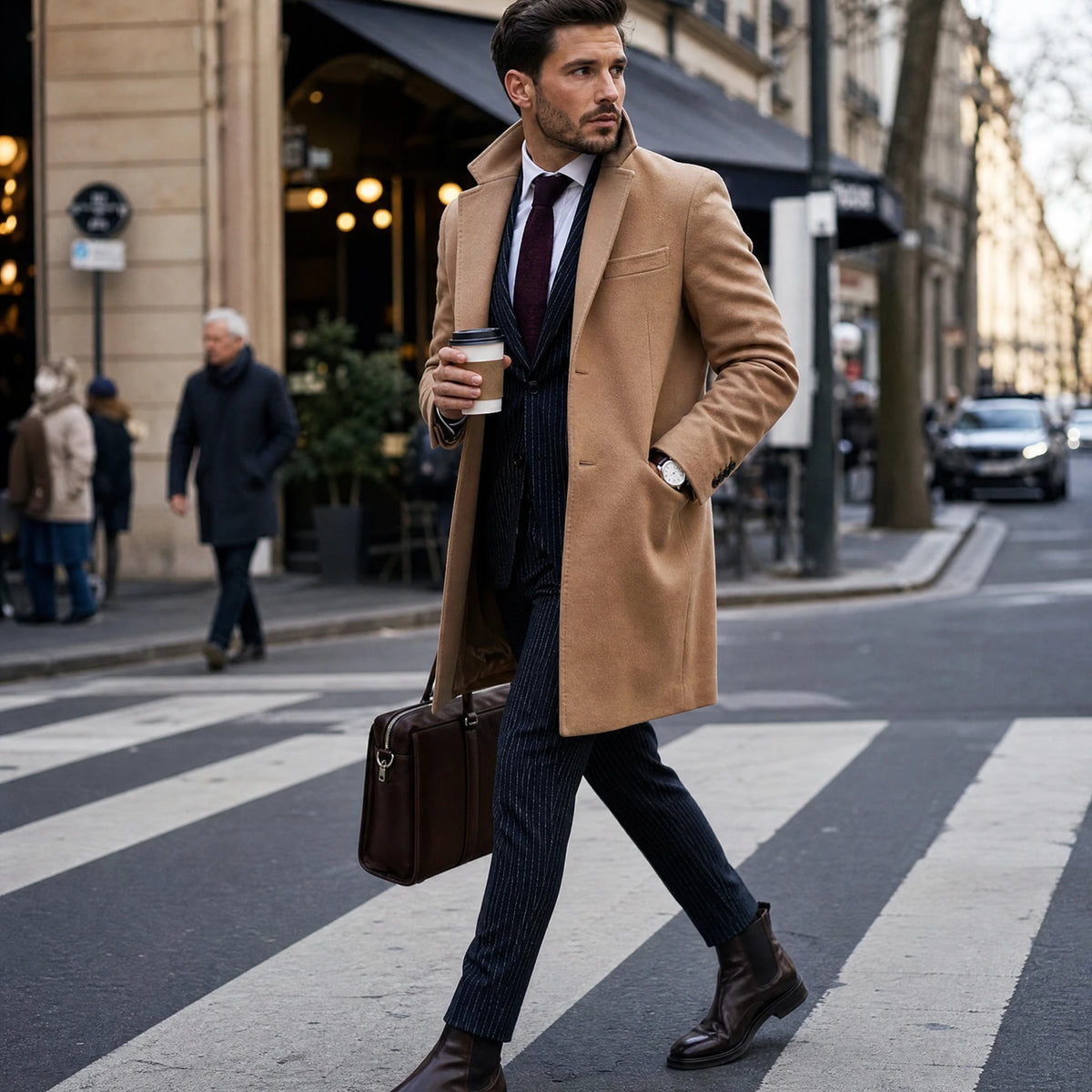 Manteau mi-long de couleur unie à revers cranté vintage - Utilisation GLOBALE