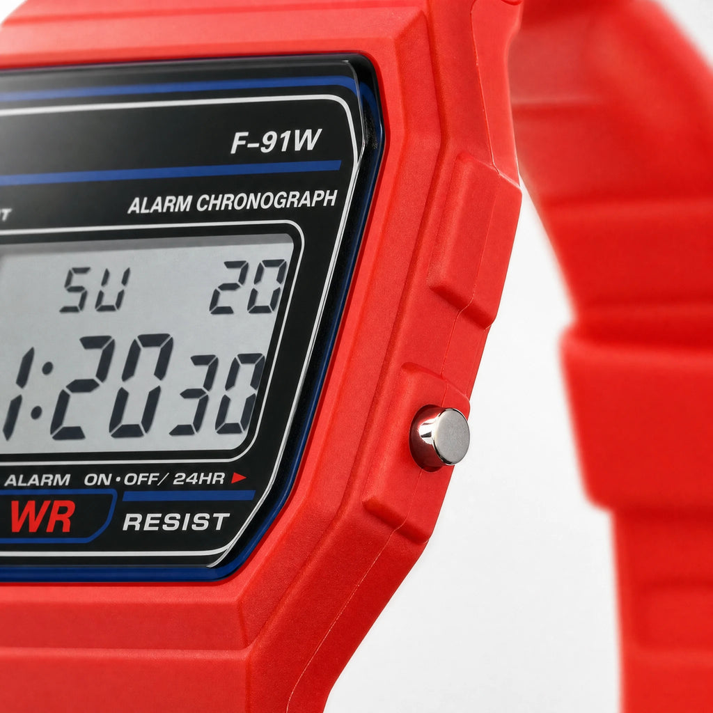 Montre Digitale Vintage LED Rouge Rétro - close-up détail matière