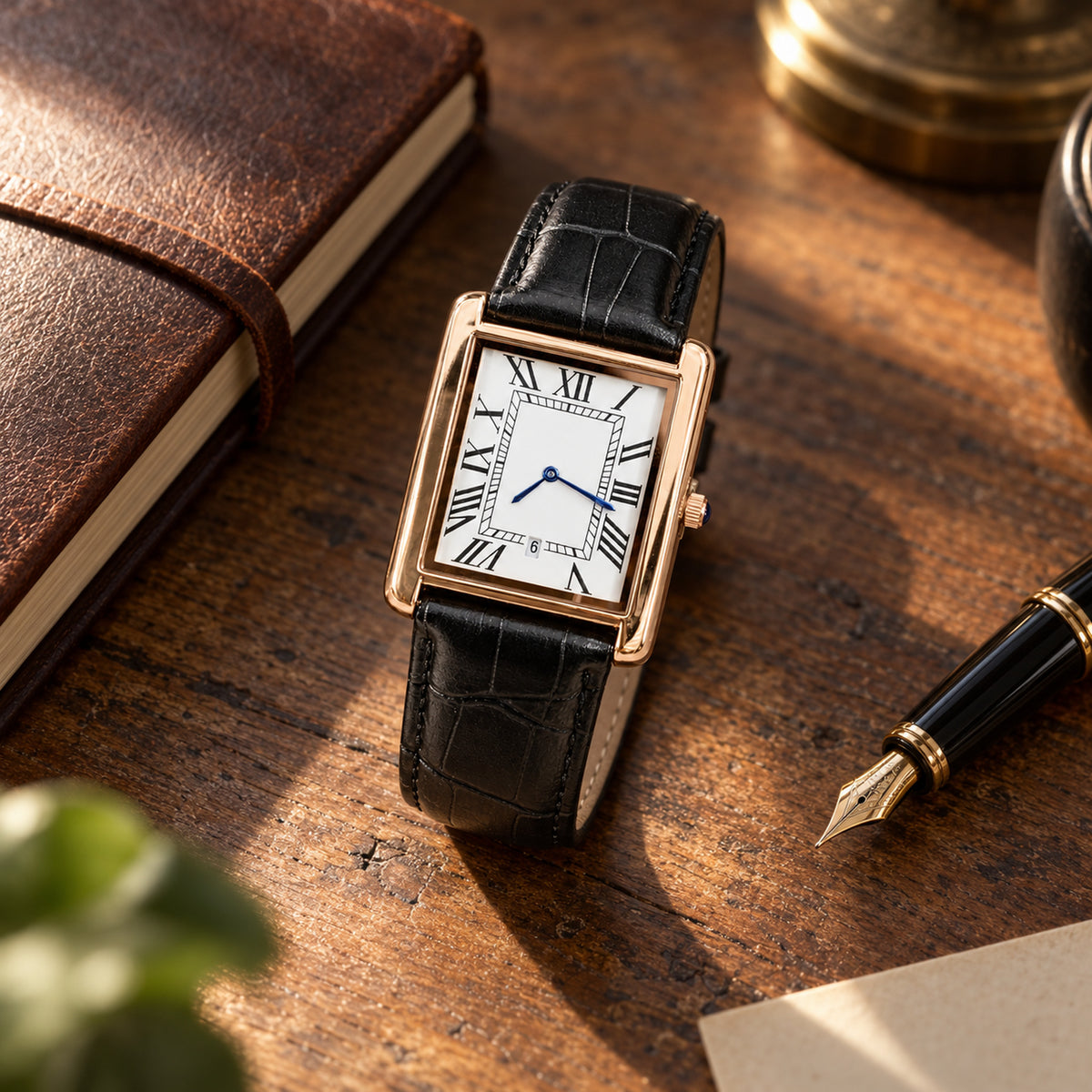 Montre rectangulaire homme vintage posée sur un bureau en bois à côté d'un carnet en cuir et d'un stylo Bild