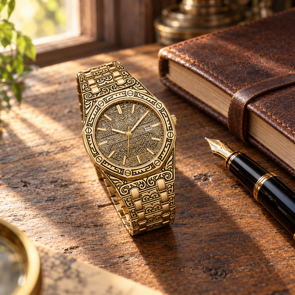 Homme portant la montre style vintage à bracelet gravé lors d'un dîner, main posée sur la table Bild