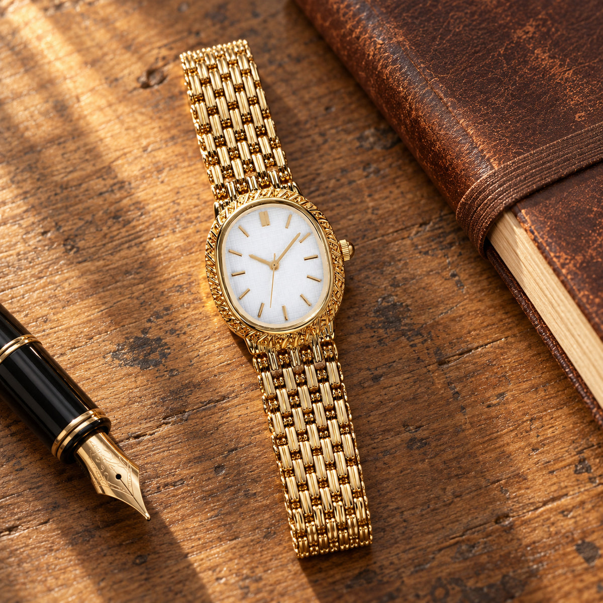 Femme portant la montre vintage à bracelet maille or lors d'un dîner, cadran blanc visible sur une robe noire Bild