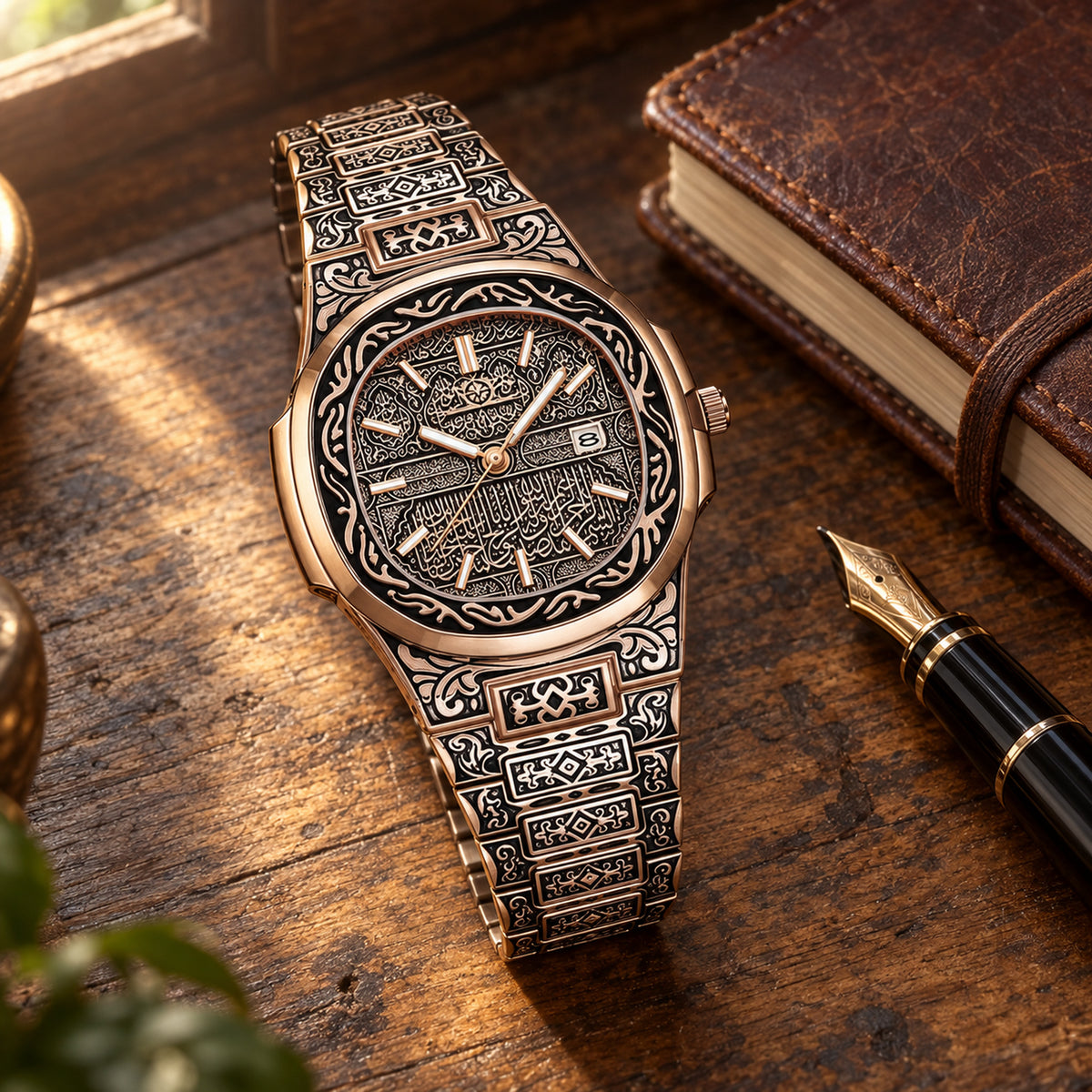 Homme portant la montre vintage gravée à bracelet métal lors d'un dîner, poignet posé sur la table Bild