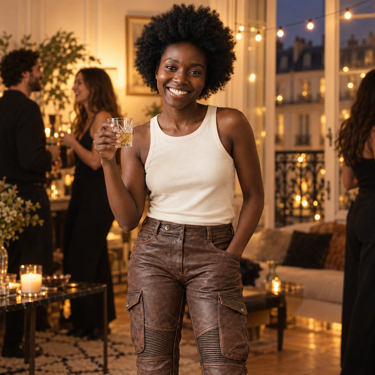 Personne en pantalon moto effet cuir lors d'une soirée entre amis dans un appartement chaleureux Bild