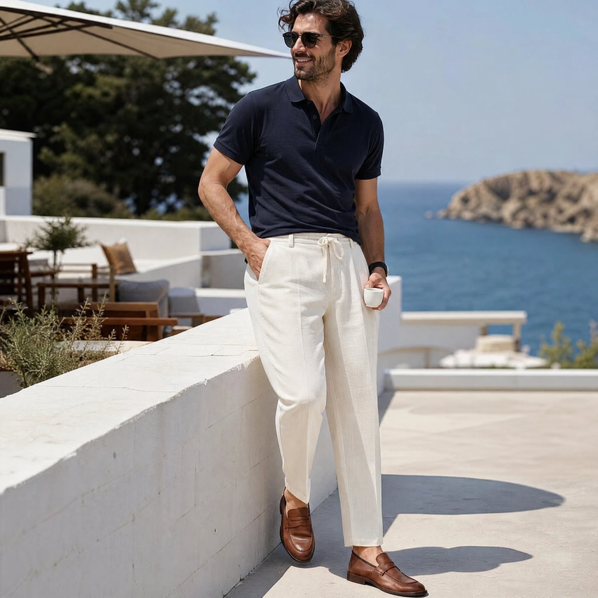 Pantalon Lin Homme Taille Élastique à Cordon Beige - Utilisation GLOBALE