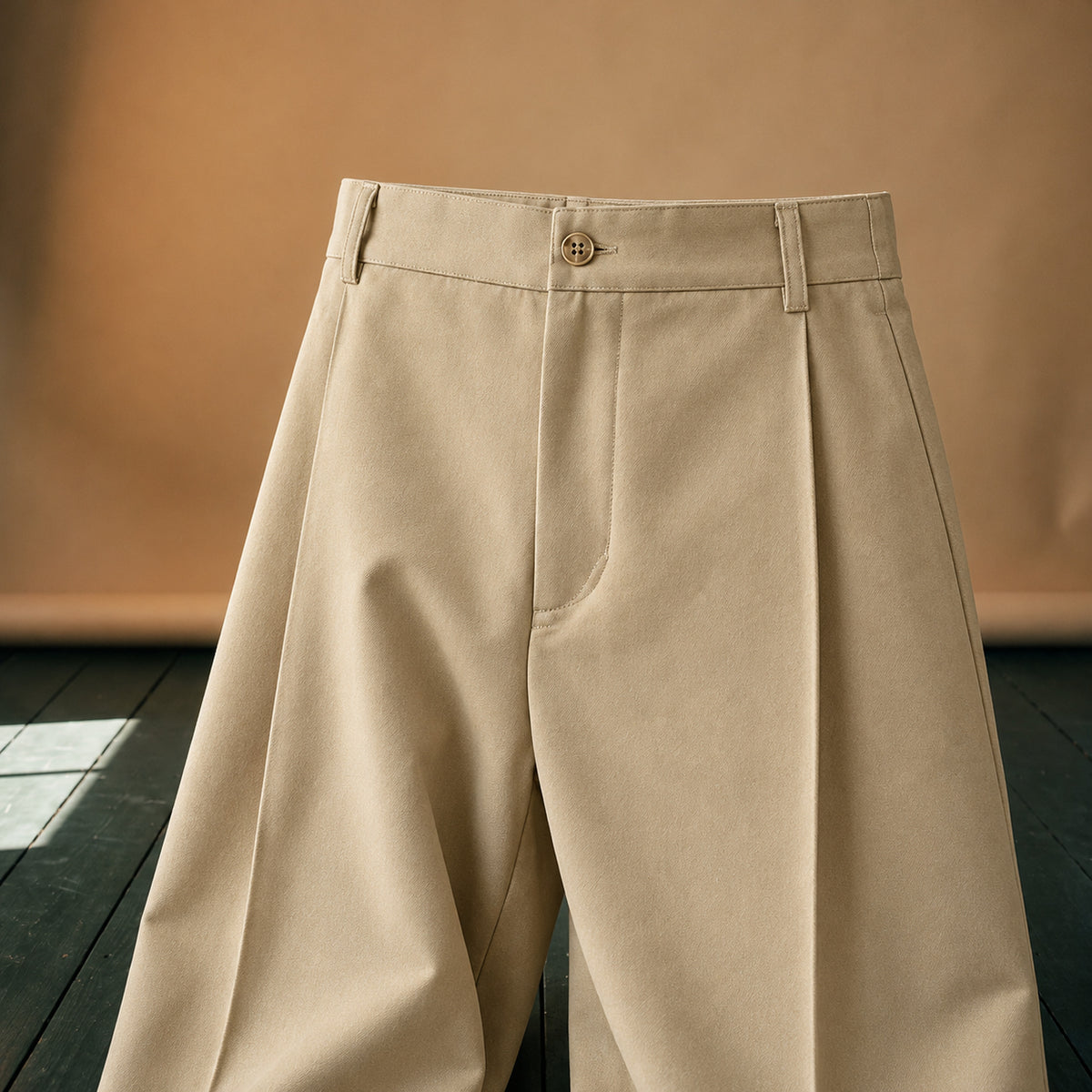 Gros plan sur les pinces et la braguette boutonnée du pantalon vintage homme taille haute Bild