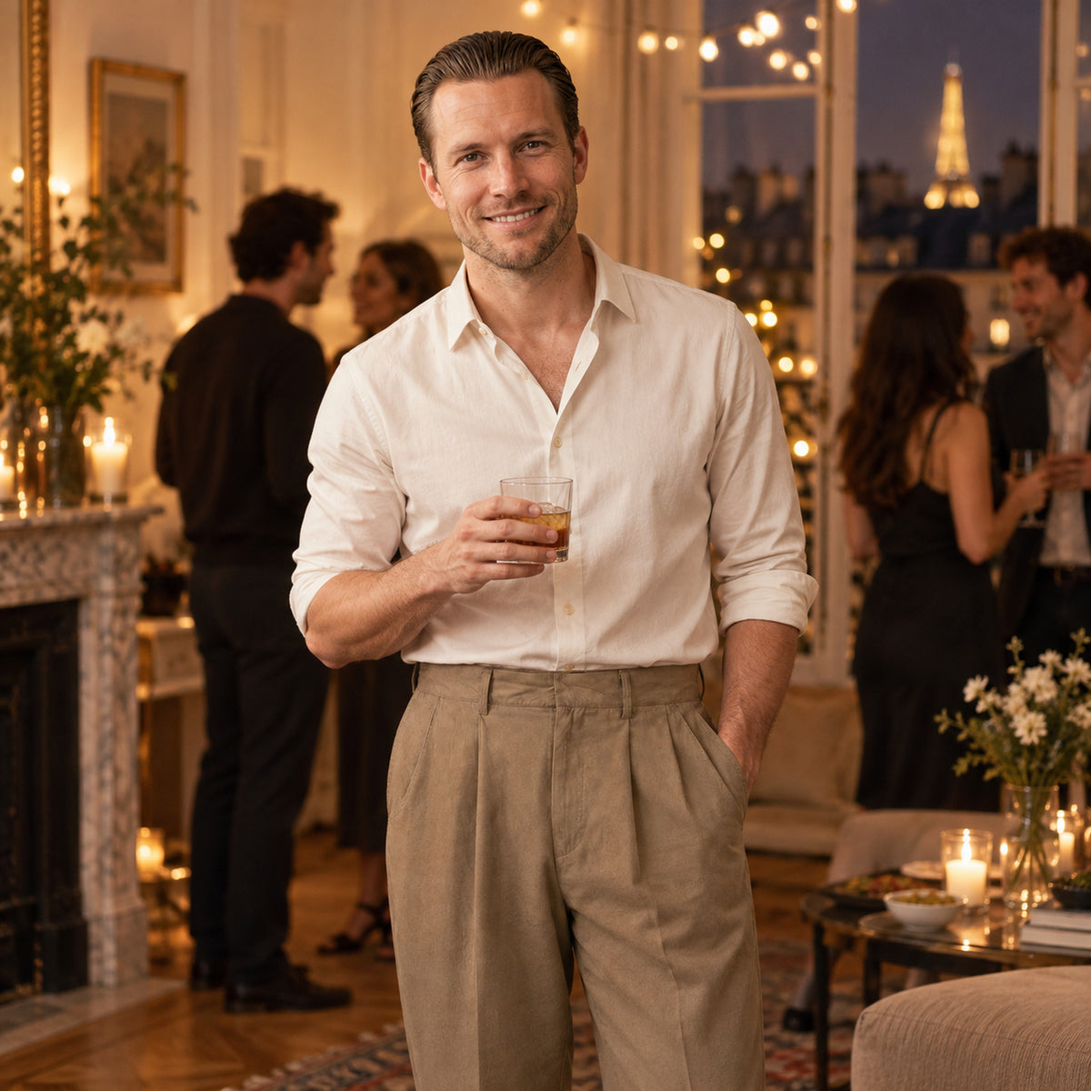 Homme portant le pantalon vintage coupe droite années 30 en terrasse le soir avec chemise et bretelles Bild