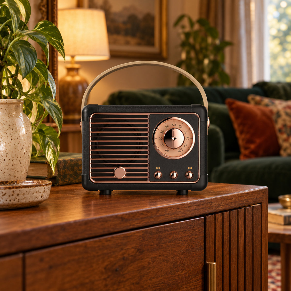 Petit poste radio vintage noir à finitions cuivrées allumé sur une étagère de salle de bain Bild