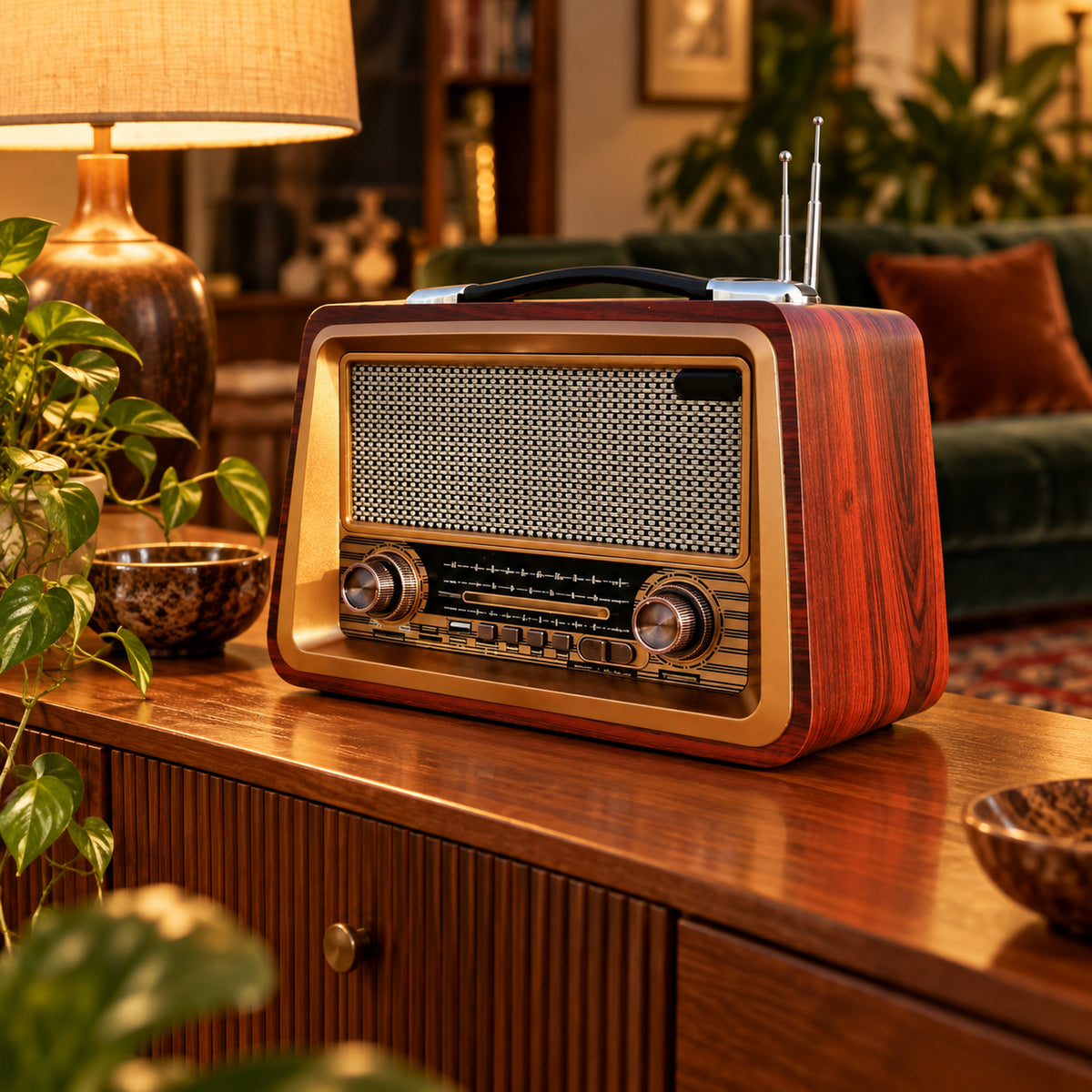 Poste radio style vintage en bois posé sur une console dans un salon, allumé le soir Bild