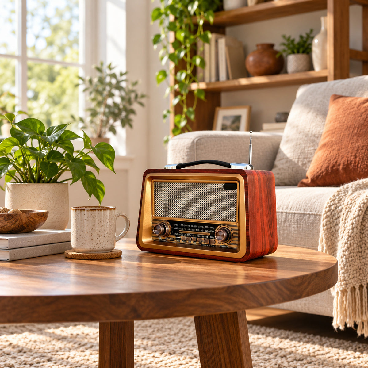 Vue large d'un salon en journée avec le poste radio style vintage en bois posé sur une étagère Bild