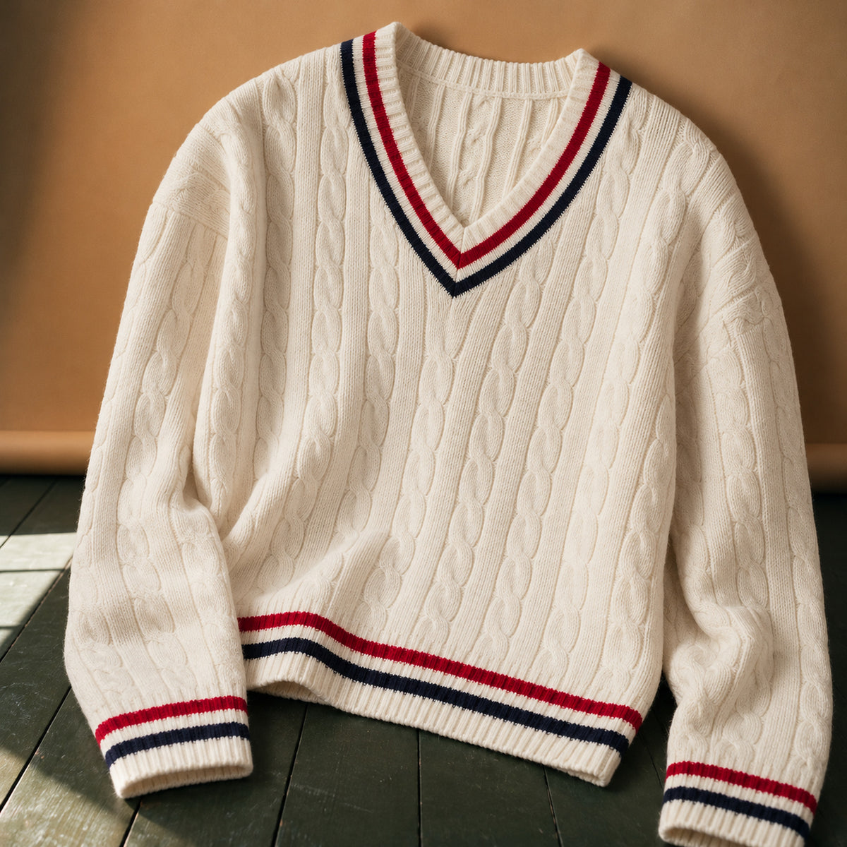 Gros plan sur les torsades et le liseré tricolore du col V du pull vintage Bild