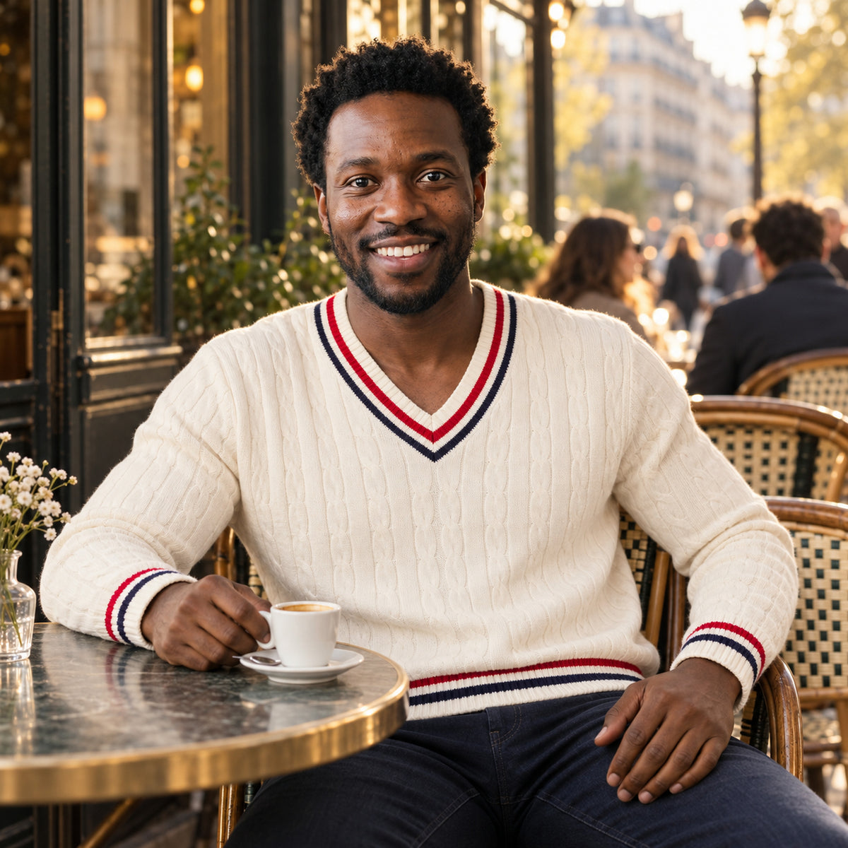 Homme en pull vintage col V à torsades assis à une terrasse de café parisienne, fin d'après-midi Bild