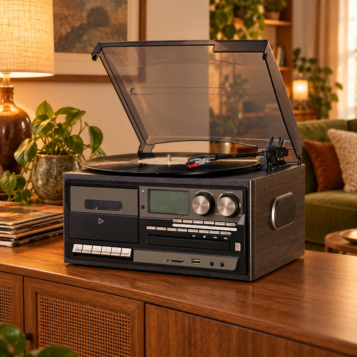 Radio CD vintage avec platine vinyle et lecteur cassette posée sur un buffet de salon, un disque en lecture Bild
