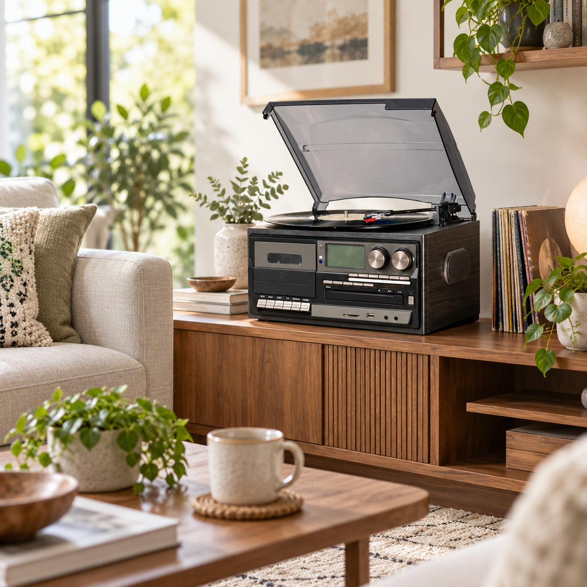 Vue large d'un salon en journée avec la radio CD vintage à platine vinyle posée sur un buffet en bois Bild