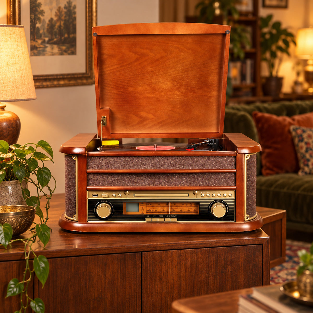Radio CD USB vintage en bois avec platine vinyle sous capot ouvert, posée allumée sur un buffet de salon Bild