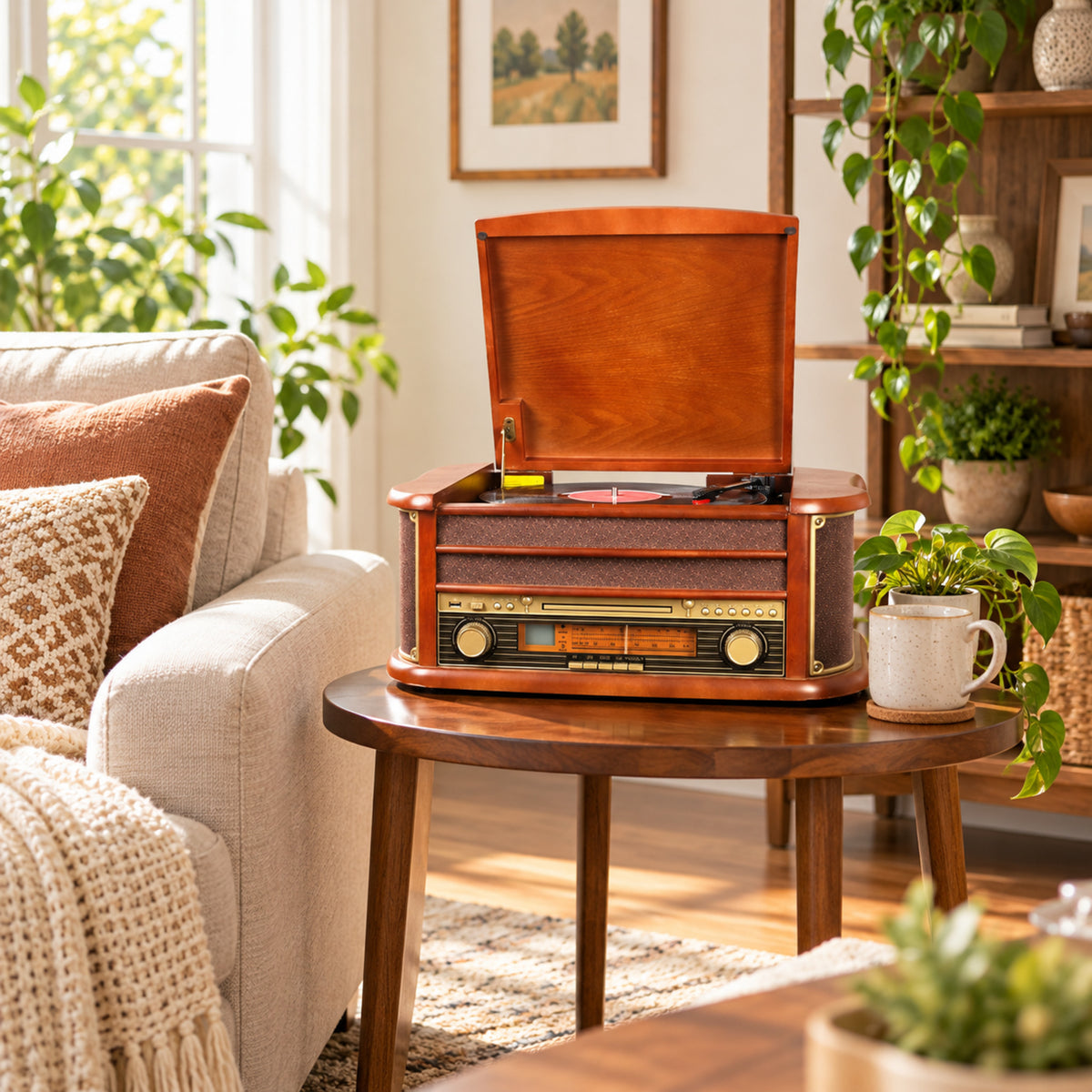 Vue large d'un salon en journée avec la radio CD USB vintage en bois posée sur un buffet face au canapé Bild