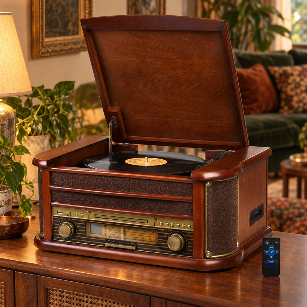 Radio CD vintage en bois avec platine vinyle sous capot ouvert, posée allumée sur un buffet de salon Bild