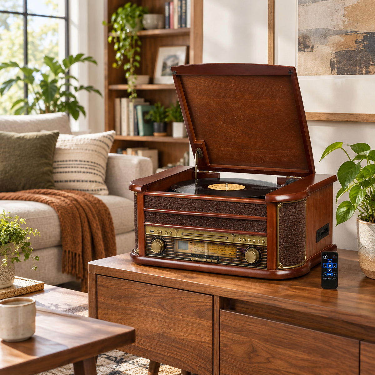 Vue large d'un salon en journée avec la radio CD vintage en bois posée sur un buffet face au canapé Bild