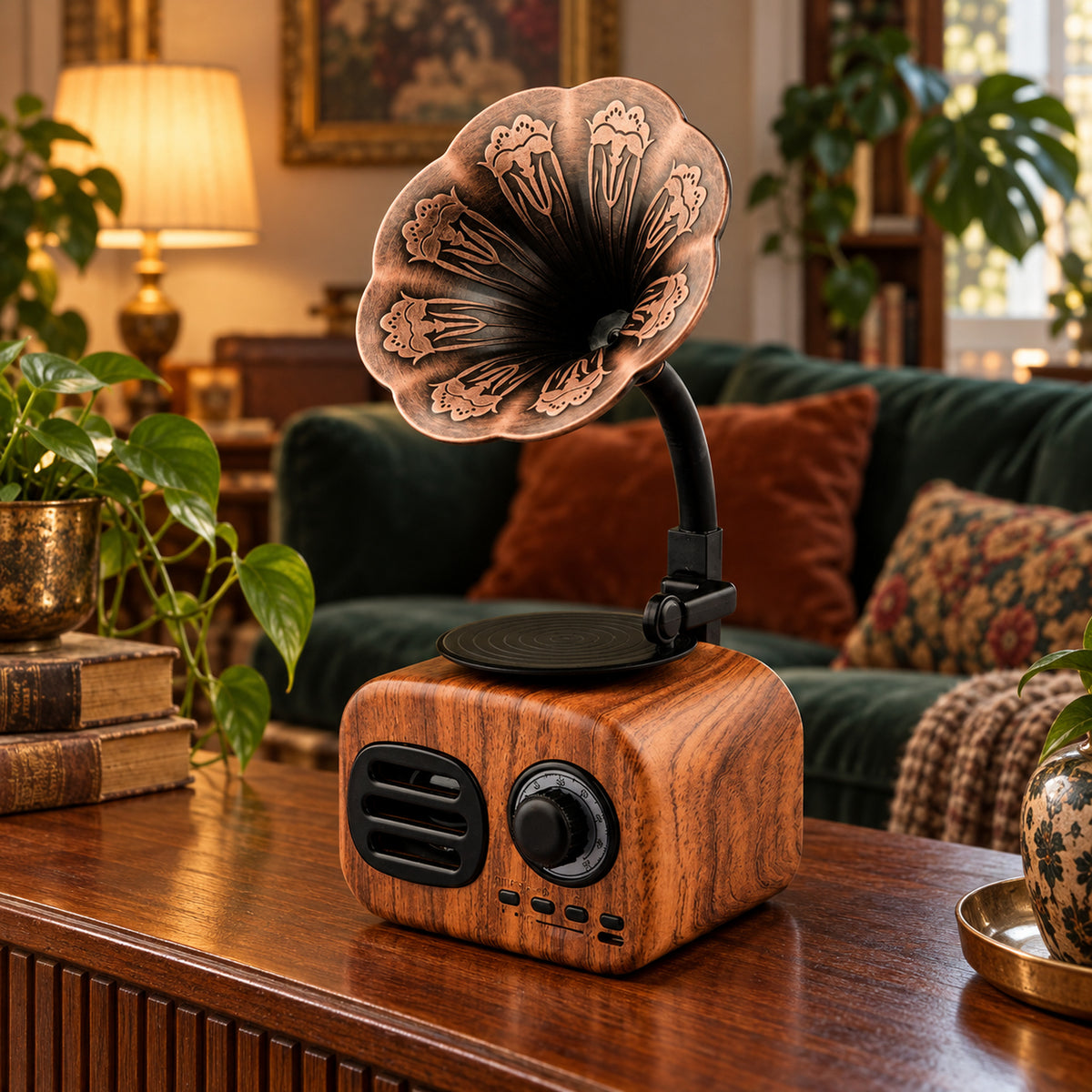Enceinte radio vintage bluetooth style gramophone en bois posée allumée sur un bureau le soir Bild