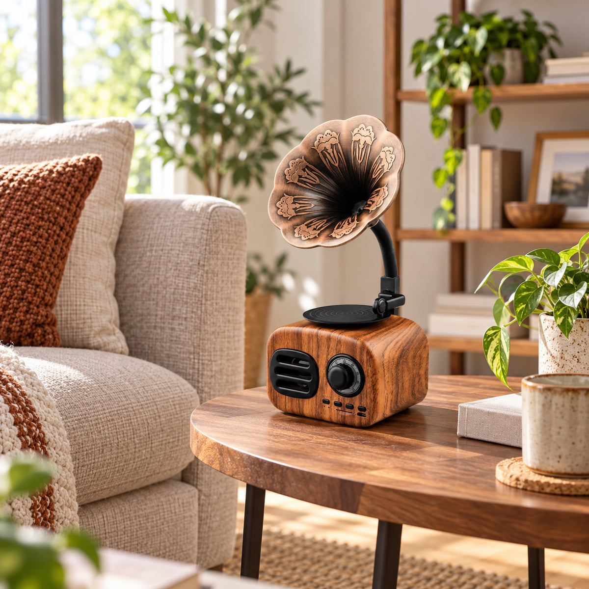 Vue large d'un bureau en journée avec l'enceinte radio vintage bluetooth style gramophone posée près d'un ordinateur Bild