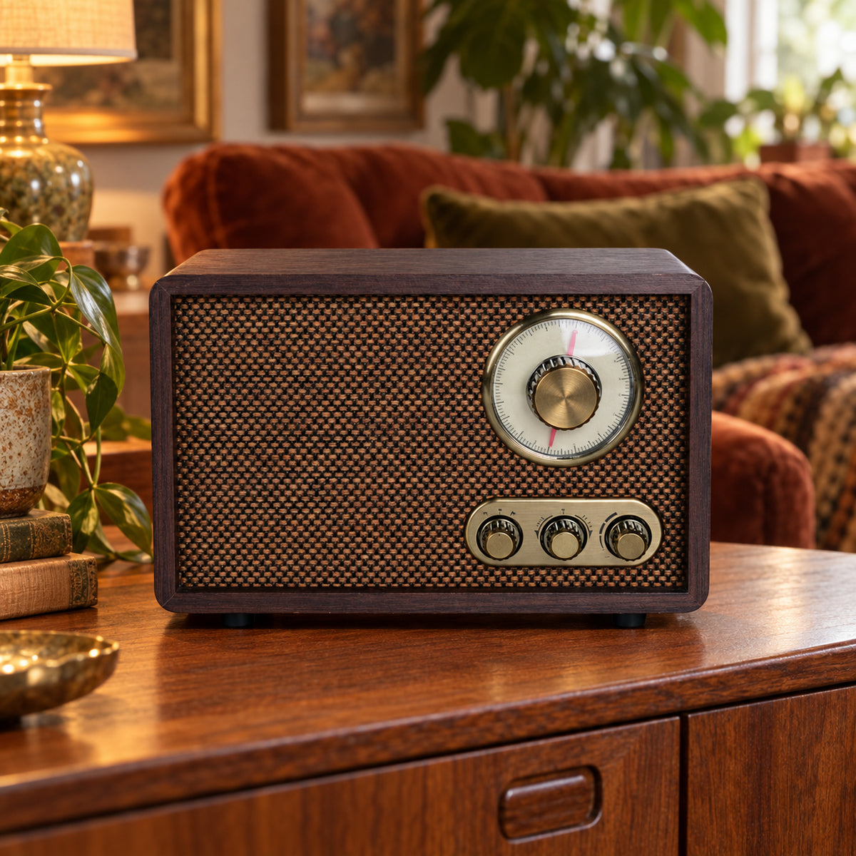 Radio vintage bluetooth en bois avec grand cadran rond posée allumée sur une étagère de salon le soir Bild