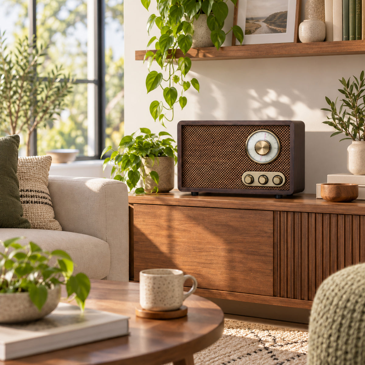 Vue large d'un salon en journée avec la radio vintage bluetooth en bois posée sur un buffet Bild