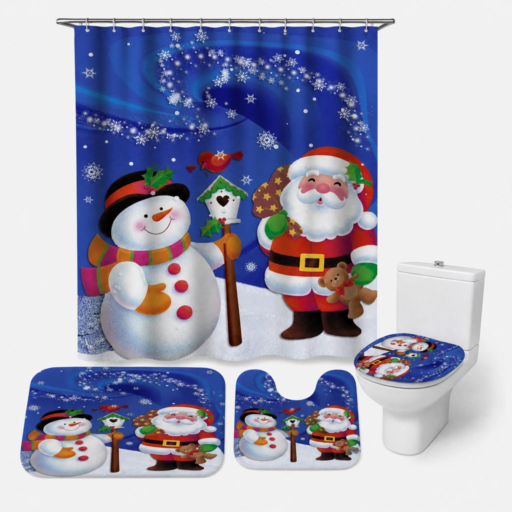 Rideau Douche Noël Village Enneigé Lune et Traineau - Père Noël bleu / 165x180 360g