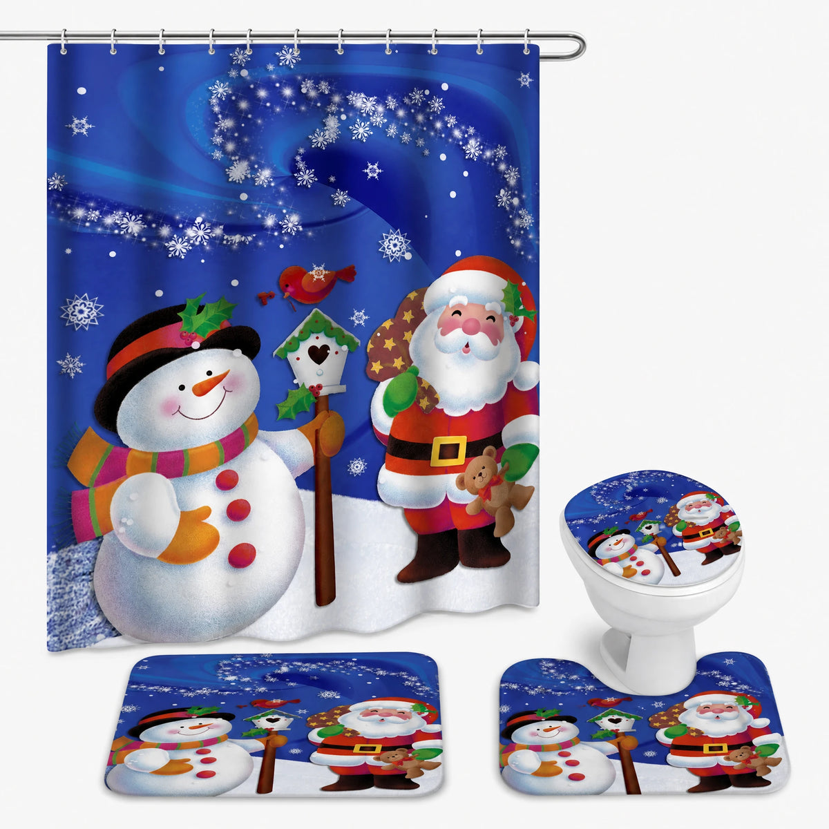 Rideau Douche Noël Village Enneigé Lune et Traineau - Père Noël bleu / 180x180 380g
