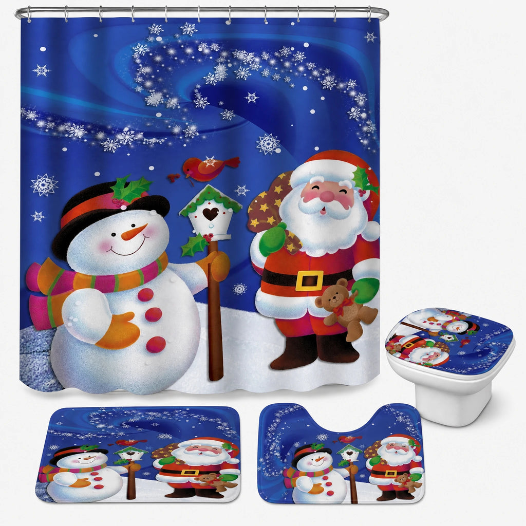 Rideau Douche Noël Village Enneigé Lune et Traineau - Père Noël bleu / Personnalisation