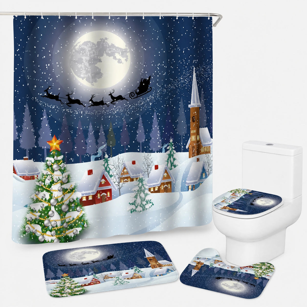 Rideau Douche Noël Village Enneigé Lune et Traineau - Sapin de Noël bleu / 150x180 320g