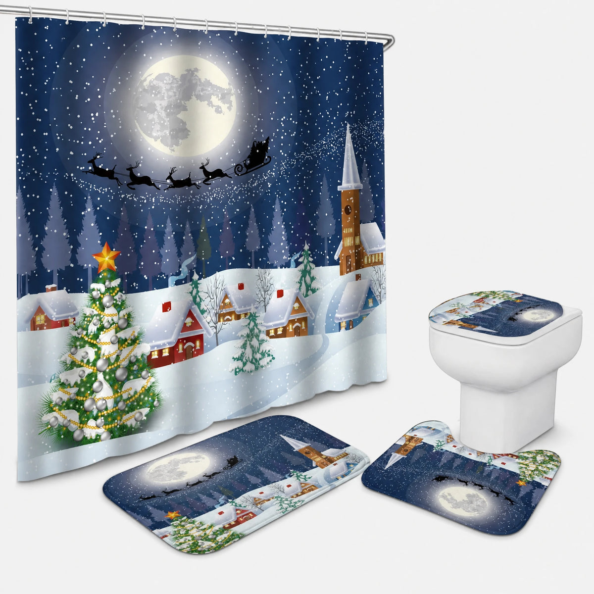 Rideau Douche Noël Village Enneigé Lune et Traineau - Sapin de Noël bleu / 180x200 420g