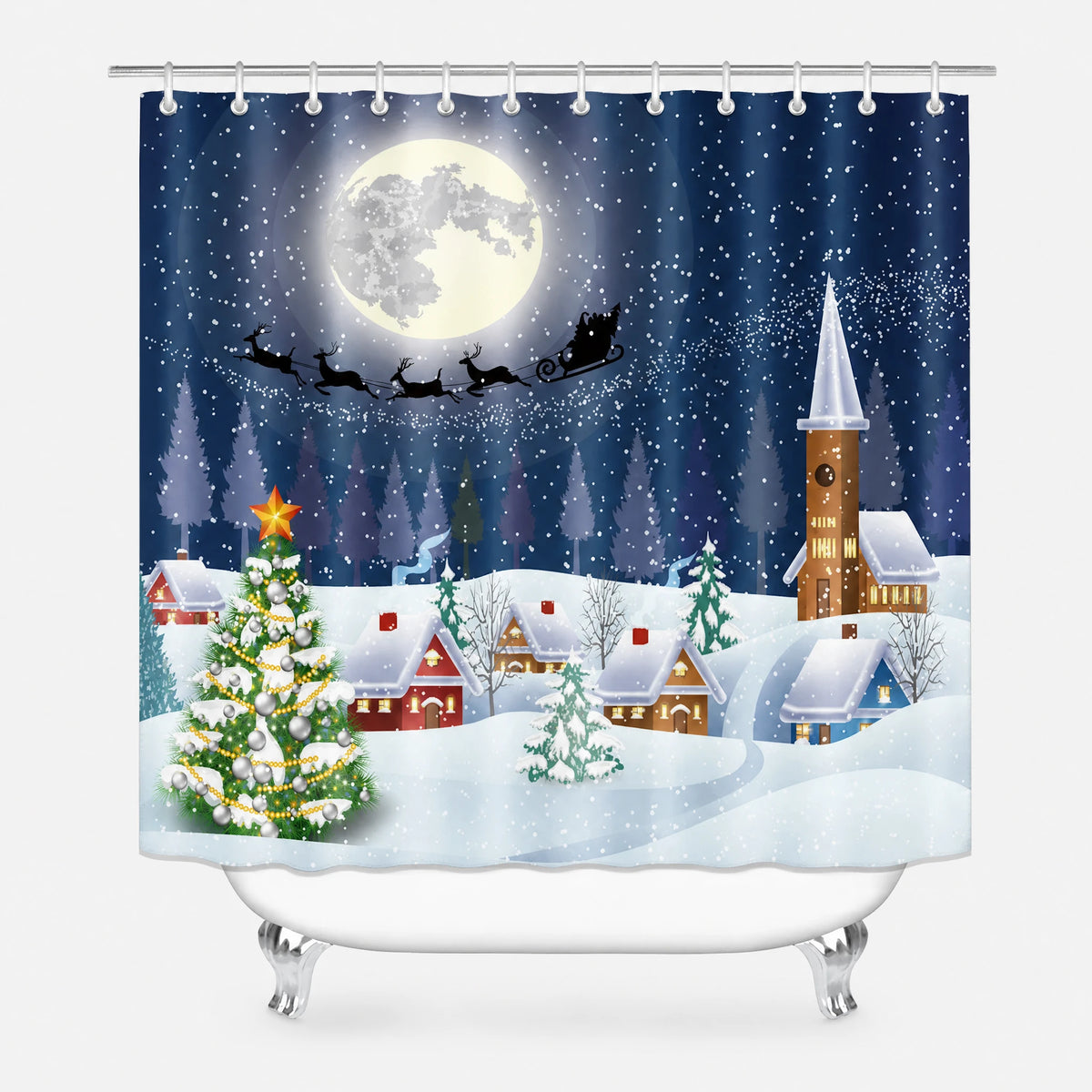 Rideau Douche Noël Village Enneigé Lune et Traineau - Sapin de Noël bleu / 180x90 240g
