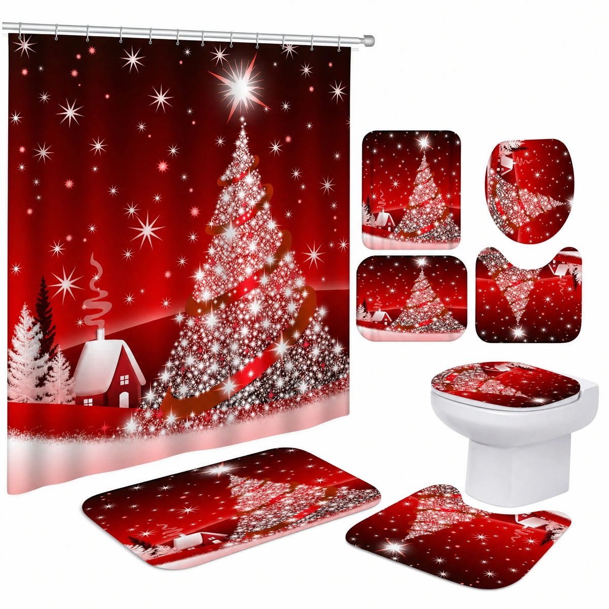 Rideau Douche Noël Village Enneigé Lune et Traineau - Sapin de Noël rouge / 180x180 380g