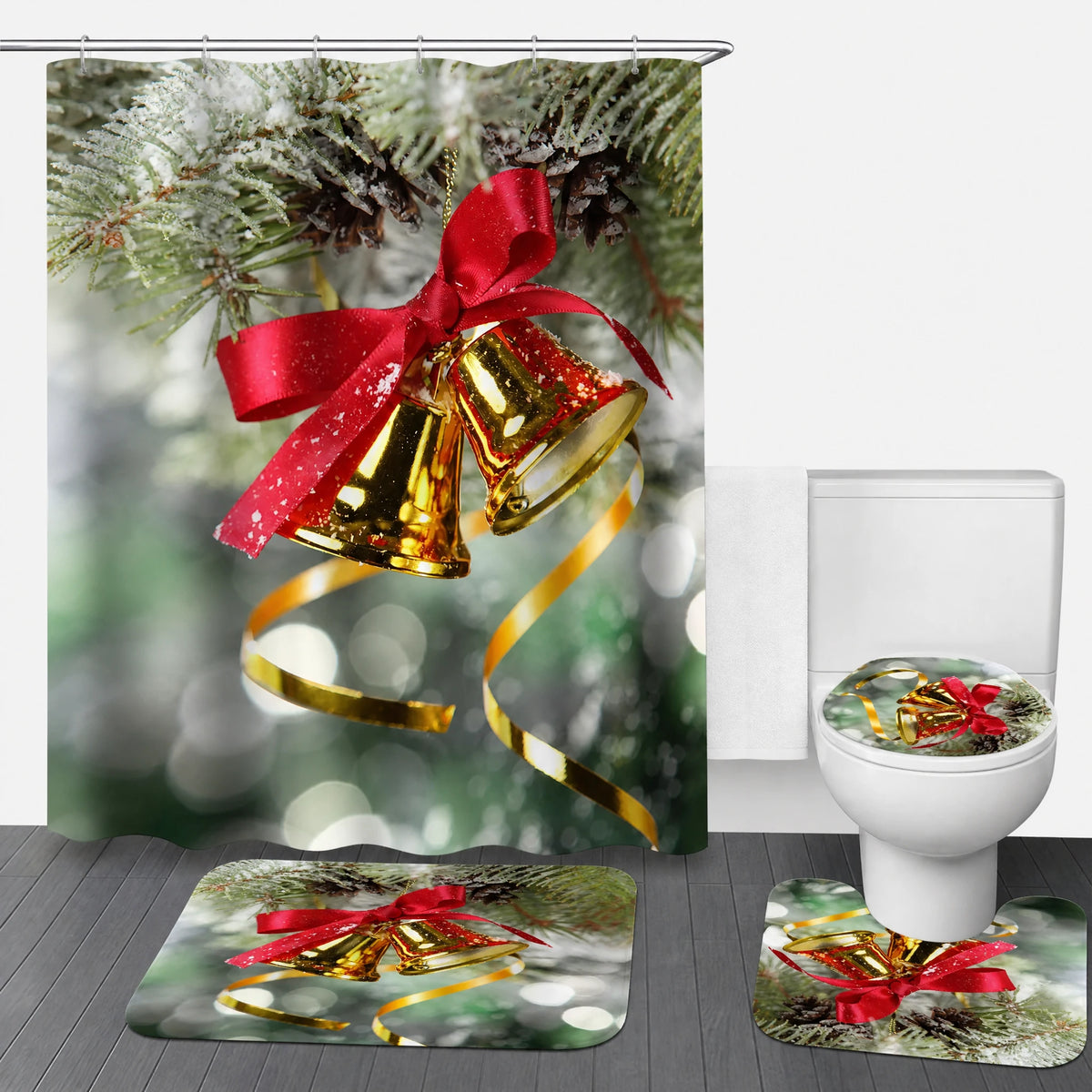 Rideau Douche Noël Village Enneigé Lune et Traineau - Vert / 165x180 360g