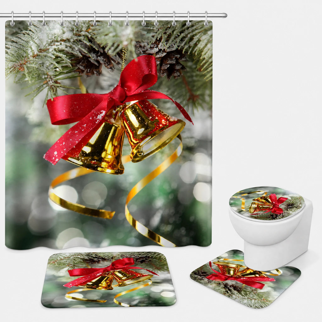 Rideau Douche Noël Village Enneigé Lune et Traineau - Vert / 180x200 420g