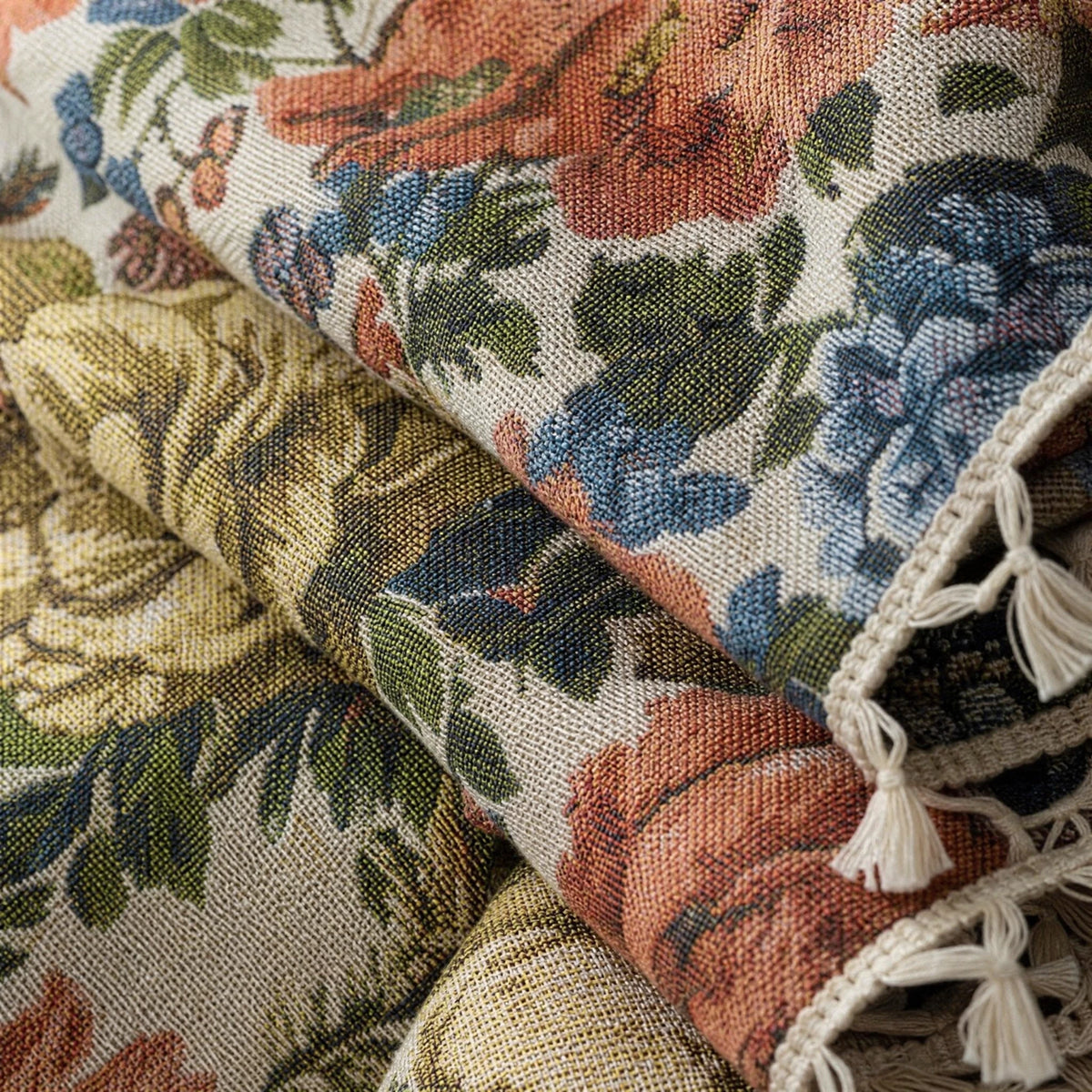 Rideau fleuri vintage motif floral multicolore - close-up détail matière