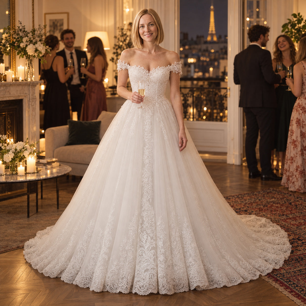 Mariée portant la robe charleston blanche en dentelle sur les marches d'une mairie, traîne déployée Bild