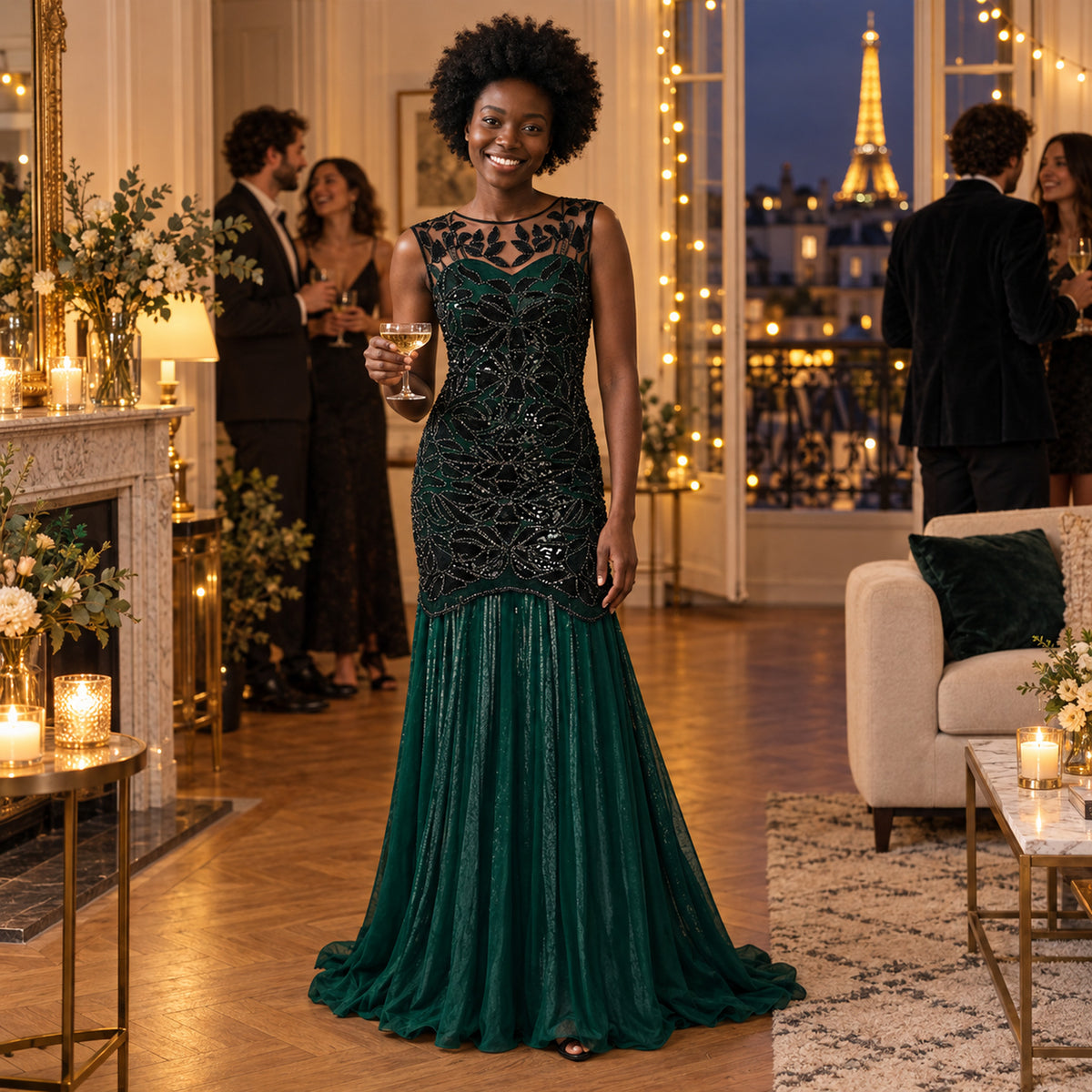Femme portant la robe charleston longue à sequins lors d'un mariage sur le thème des années 20 Bild