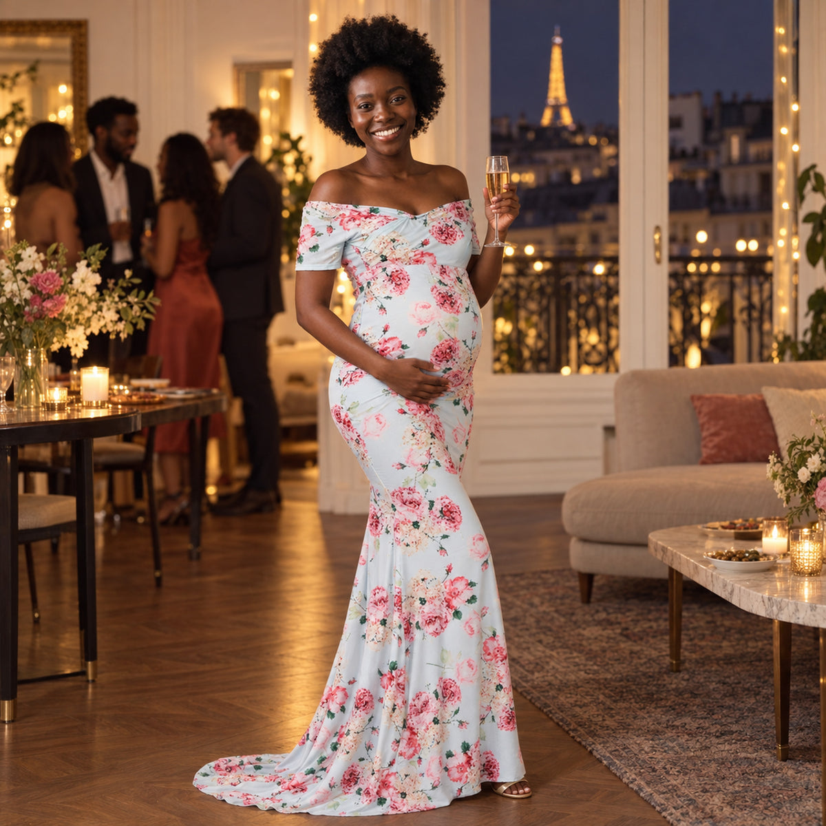 Future maman portant la robe charleston enceinte pour mariage à fleurs lors d'un vin d'honneur en extérieur Bild