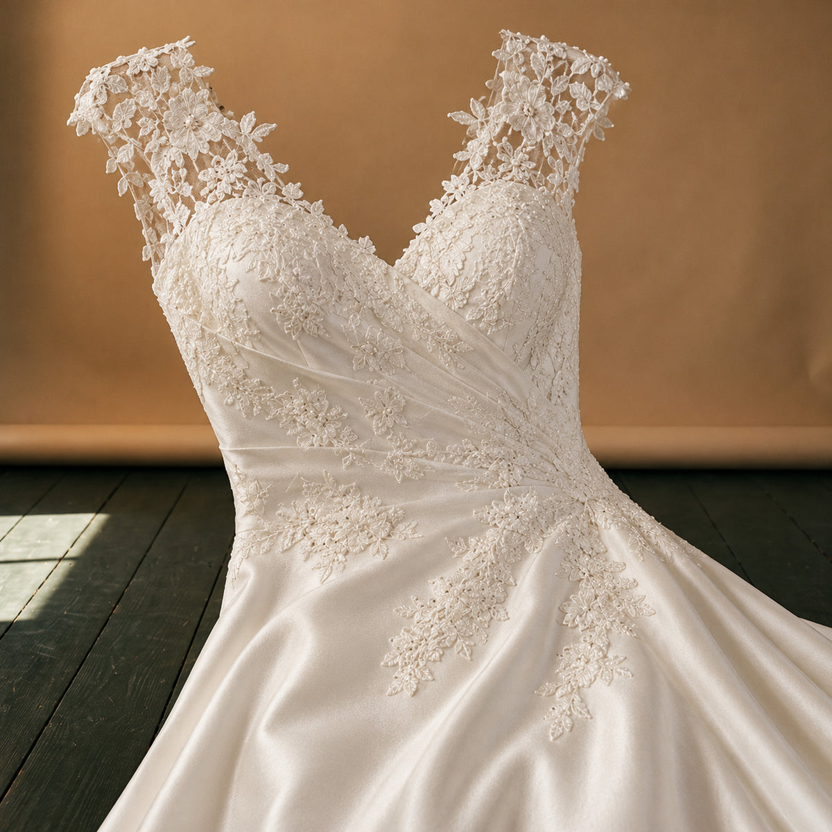 Gros plan sur le bustier en dentelle et la jupe lisse de la robe charleston grande taille mariage Bild