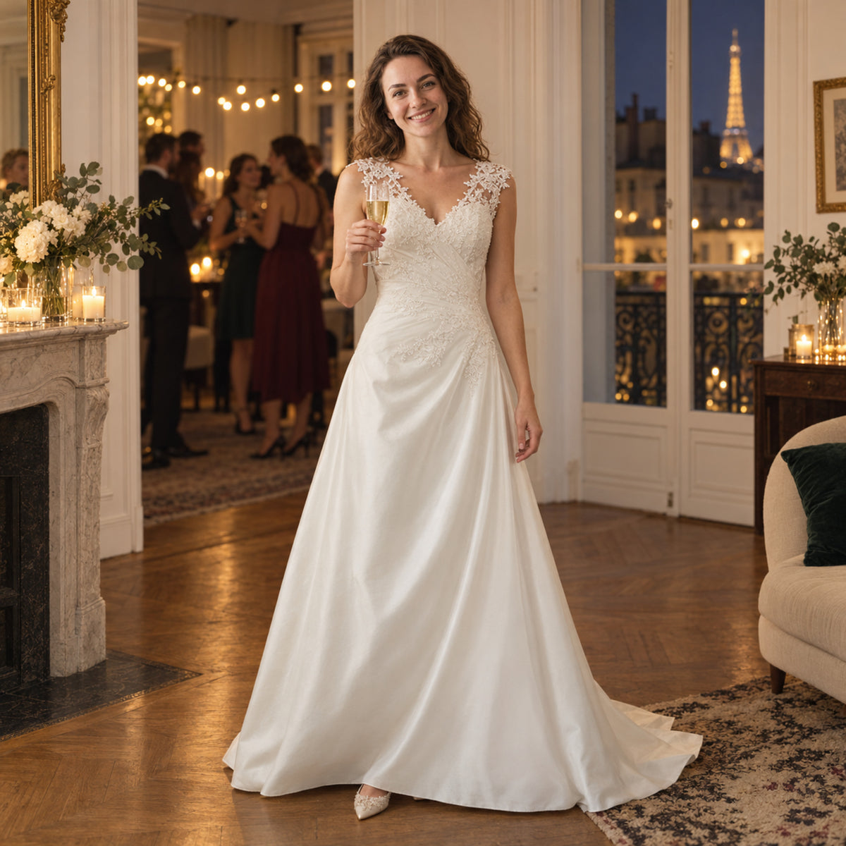 Mariée portant la robe charleston grande taille mariage longue en dentelle lors de la cérémonie Bild