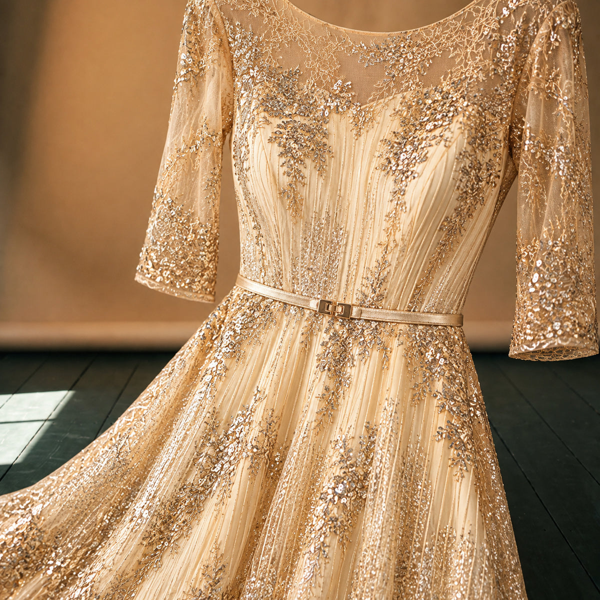 Gros plan sur le voile doré pailleté, le satin et la ceinture fine de la robe charleston de mariage dorée Bild