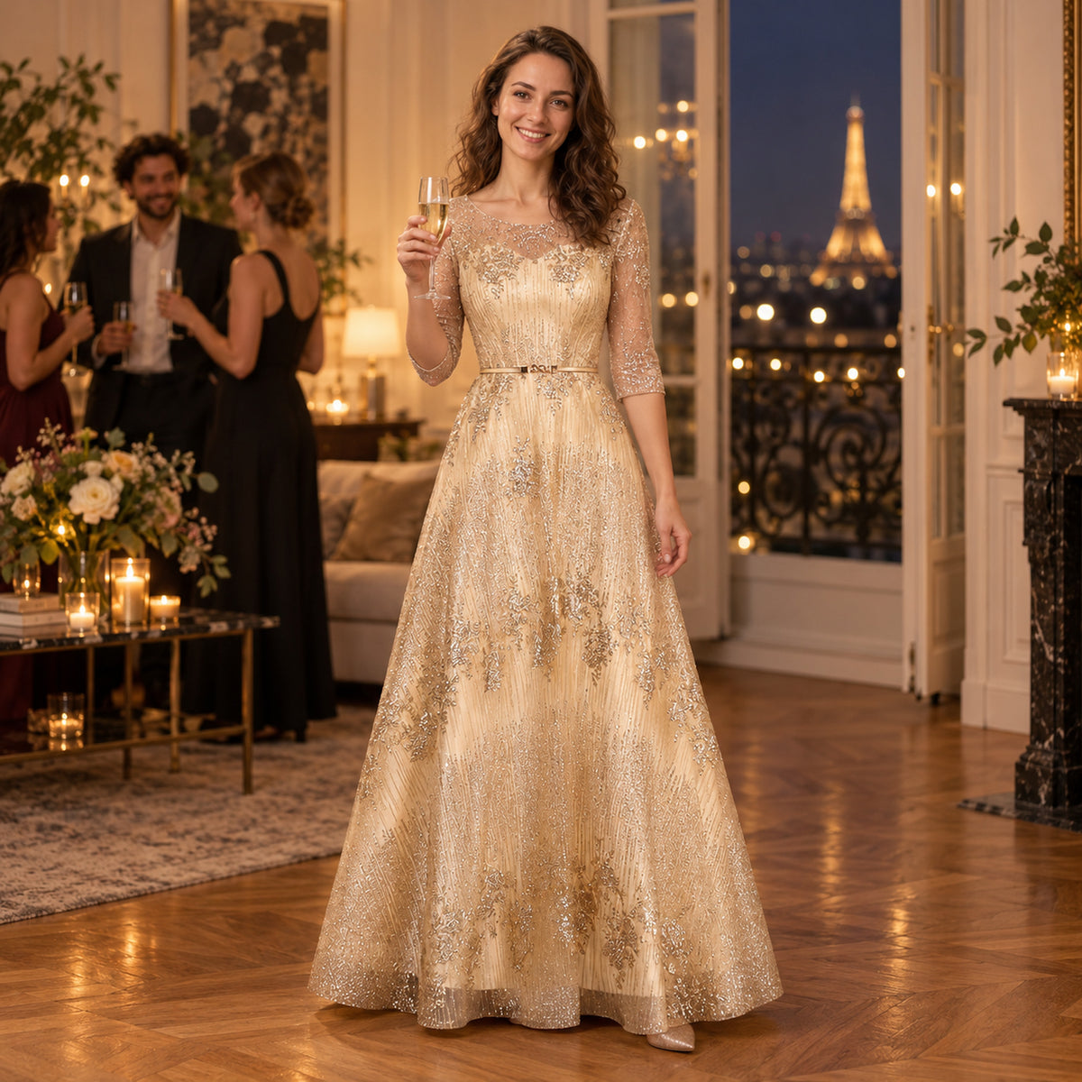 Femme portant la robe charleston de mariage dorée longue lors d'un vin d'honneur au soleil couchant Bild