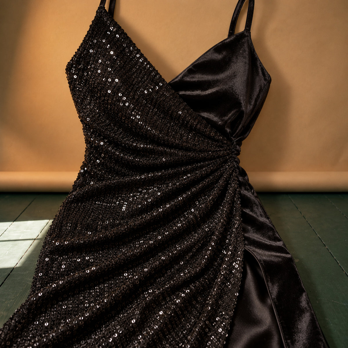 Gros plan sur le pan à sequins, le pan uni et le drapé de la taille de la robe charleston portefeuille Bild