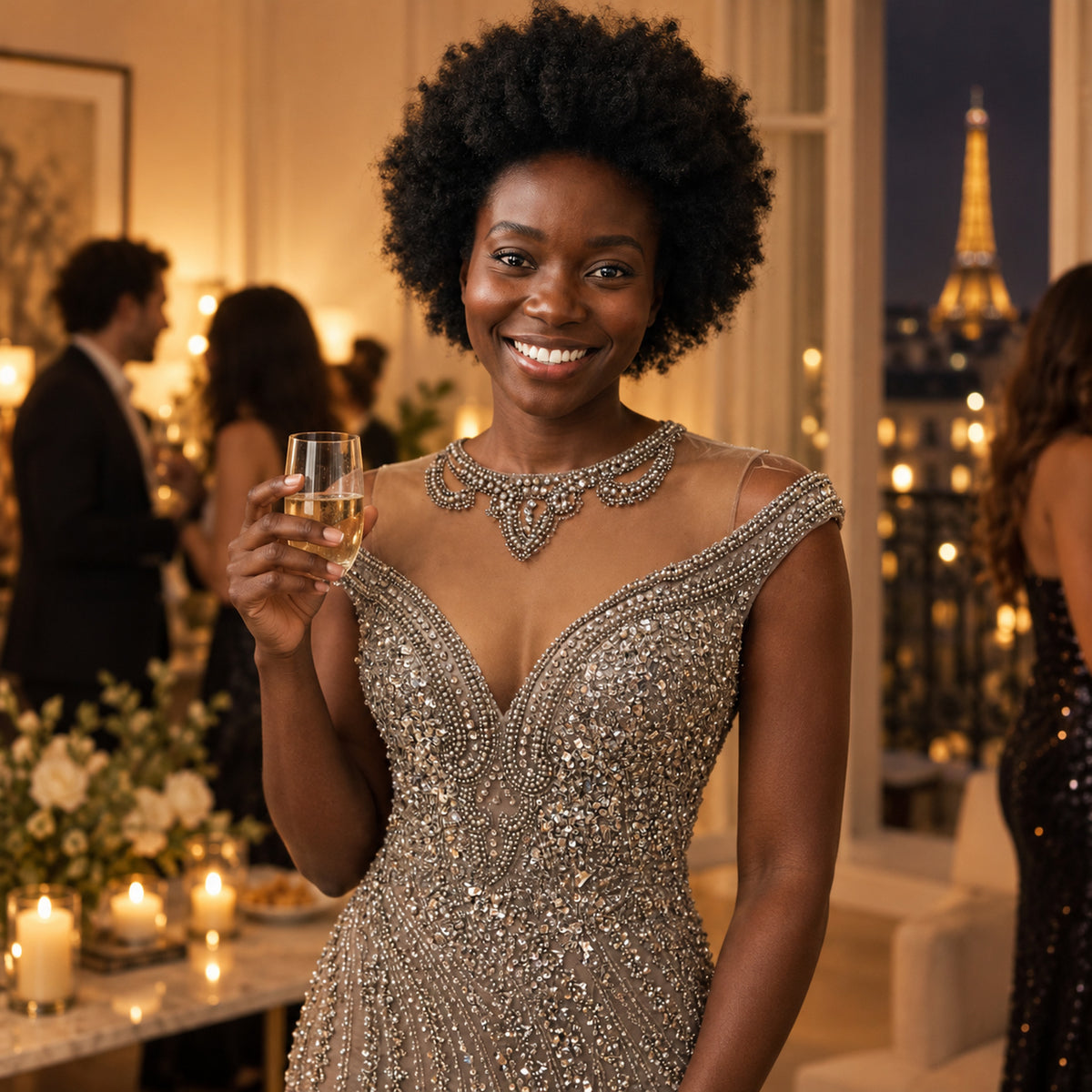 Femme portant la robe cocktail charleston perlée lors d'un mariage, au moment de la première danse Bild