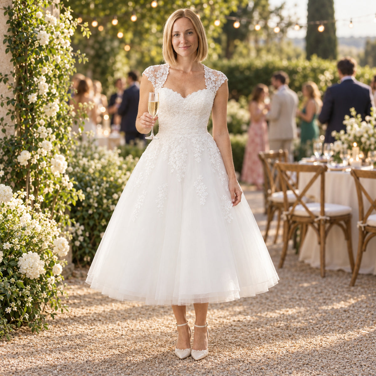 Mariée en robe courte en dentelle et tulle dansant lors d'une réception au jardin, guirlandes lumineuses Bild