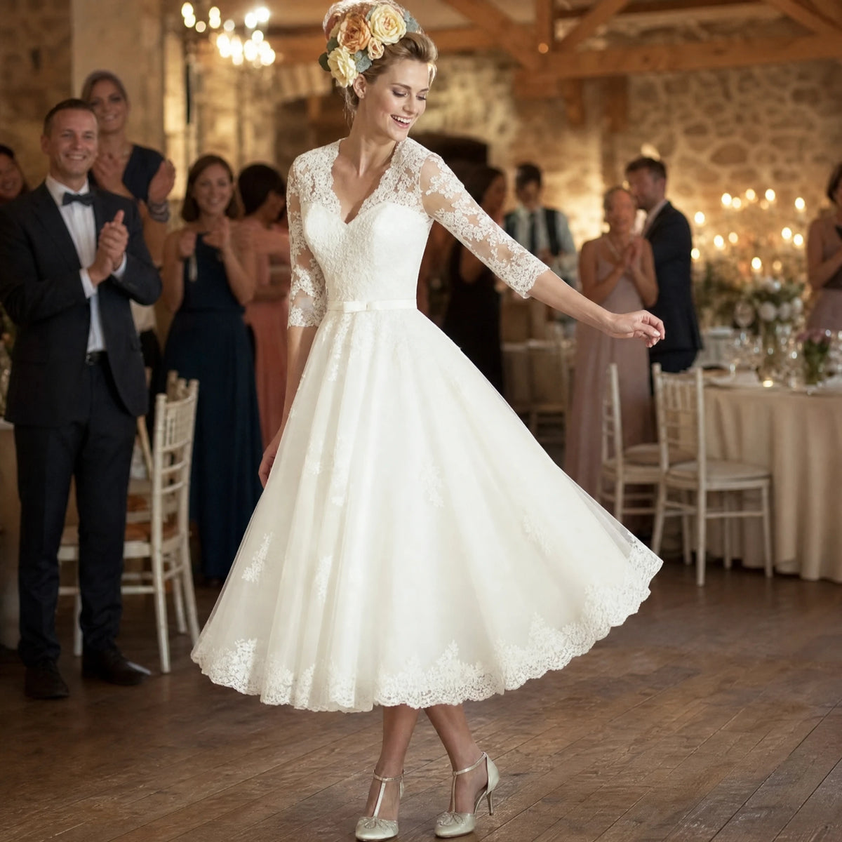 Robe de Mariée Courte Vintage Col en V - Utilisation GLOBALE