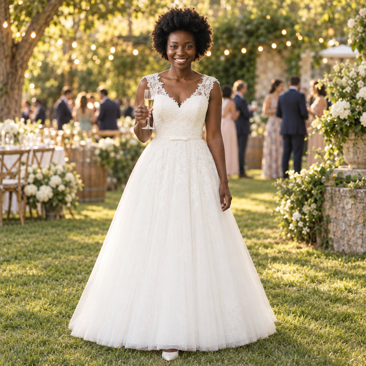 Mariée en robe courte vintage en dentelle et tulle lors d'une réception en plein air au jardin, guirlandes lumineuses Bild