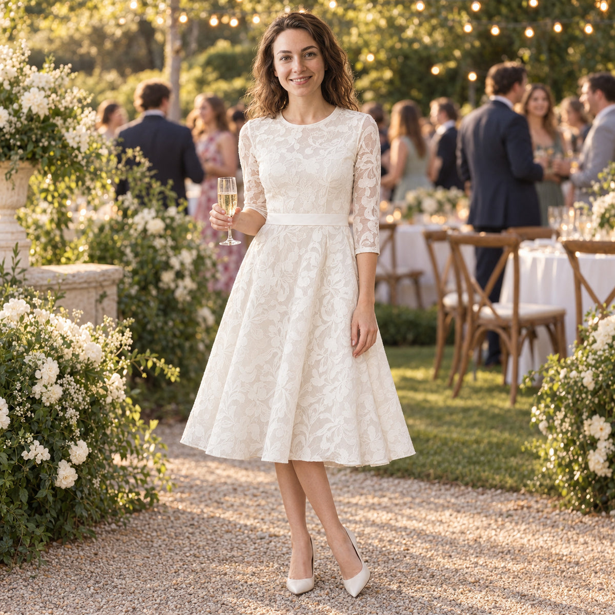 Mariée portant la robe de mariée mi-longue vintage en coton et dentelle lors d'un vin d'honneur dans un jardin Bild