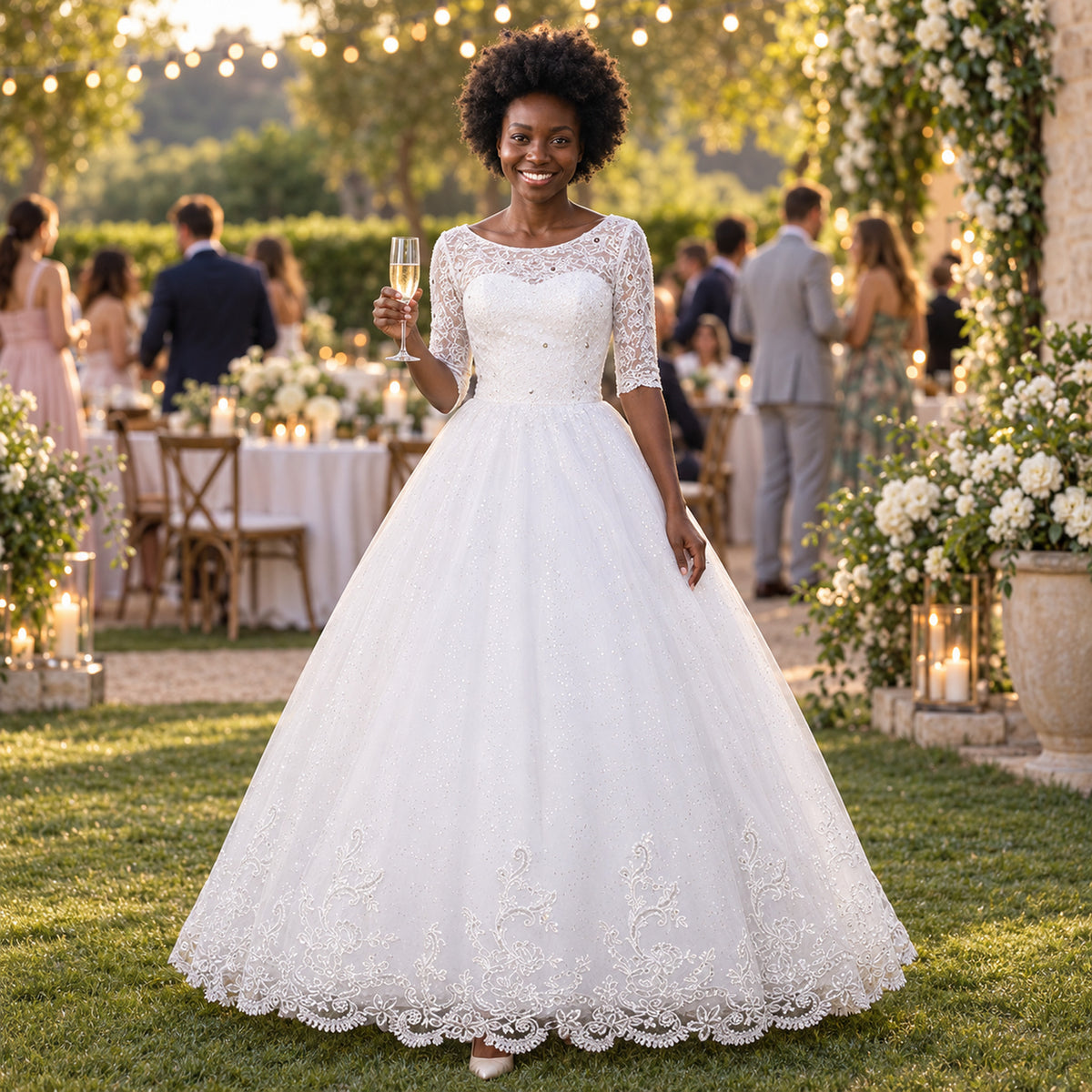 Mariée portant la robe de mariée vintage en dentelle à manches mi-longues pendant le repas de mariage Bild