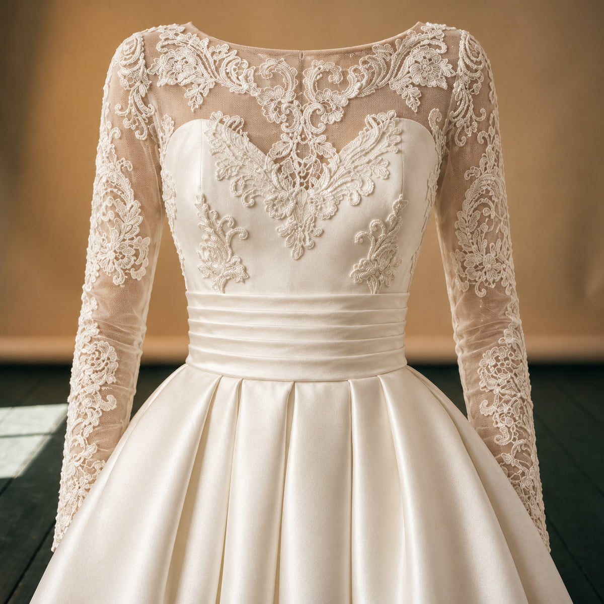 Gros plan sur les appliqués de dentelle du bustier et le satin de la robe de mariée vintage à manches longues Bild